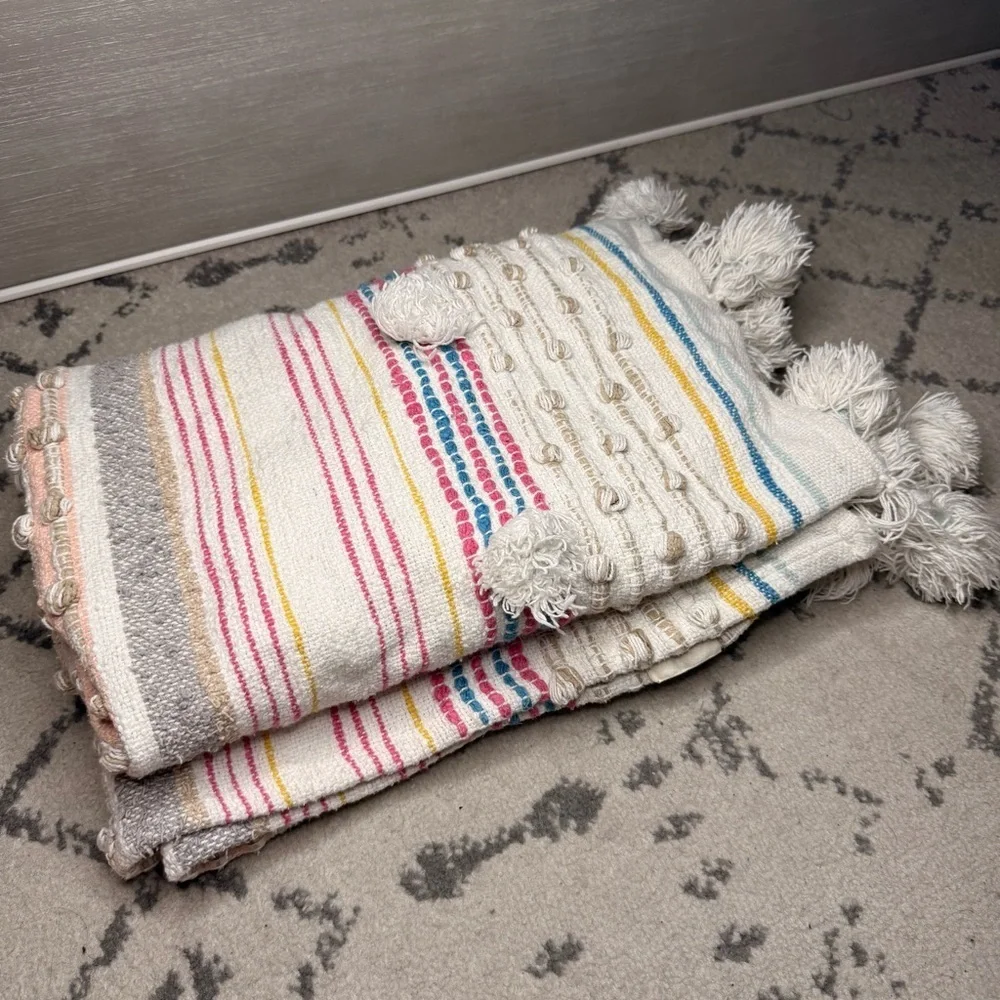 Boho Woven Tassels Fringe Pink Multi Stripe Chunky Throw Blanket